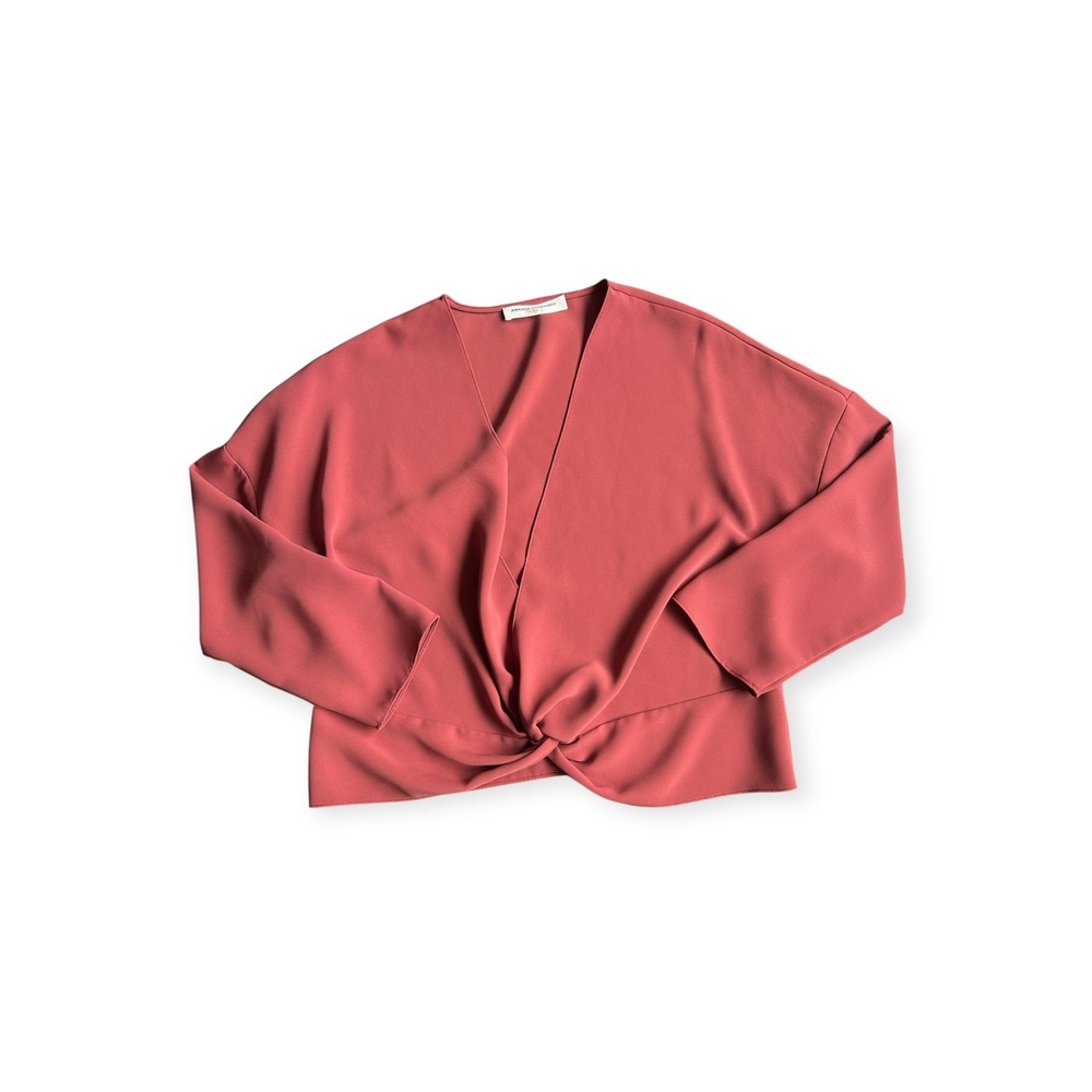 Amanda‎ Uprichard Twist Front V-Neck Blouse Rose Pink Women's Large Long Sleeve